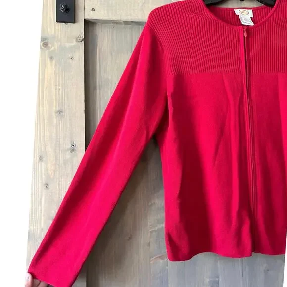 Talbots Women's Cardigan Sweater Red Long Sleeve Scoop Neck Zipper Ribbed Trim L - Picture 3 of 8